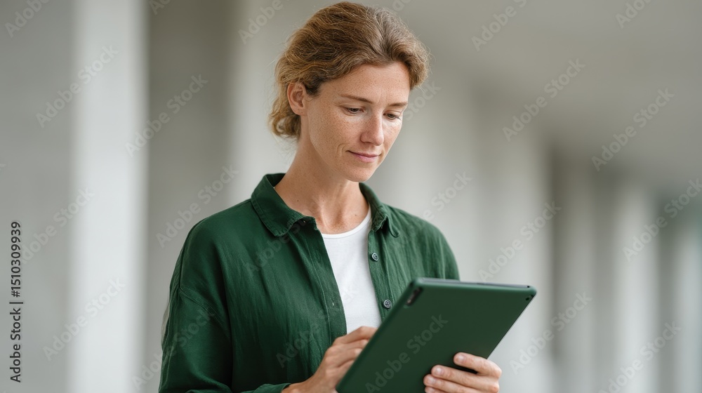 Fototapeta premium A focused woman using a digital tablet, dressed in casual attire, exploring modern technology in a contemporary setting. The image captures productivity and engagement.