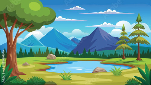 Colorful Cartoon Landscape Featuring Mountains, a Serene Lake, Lush Green Trees, and Rocks