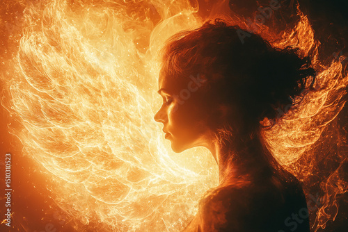 Woman transforming into a phoenix silhouette