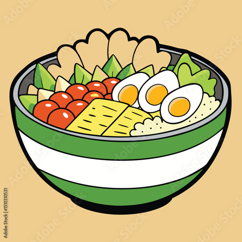 Vibrant cobb salad with distinct rows of fresh ingredients, a colorful and healthy meal.