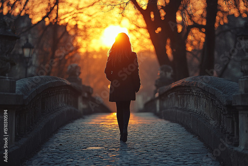 Woman walking across a cobblestone bridge at sunset silhouette