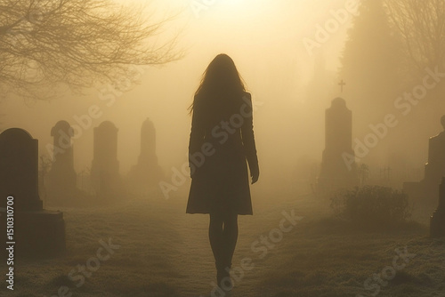 Woman walking alone through a foggy cemetery silhouette