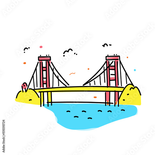 Golden Gate Bridge illustration in an doodle inca cartoon style. Simple minimalist drawing of Golden Gate Bridge