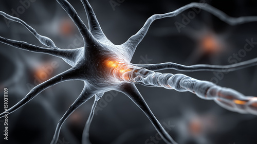 Close-up illustration of a neuron with synapse activity in dark space  