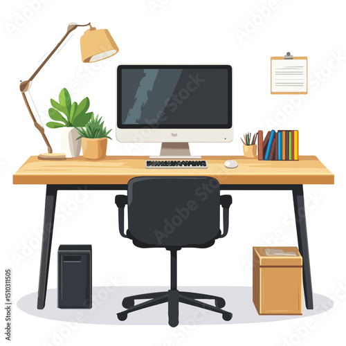 Modern office workspace with desktop computer on desk vector illustration isolate