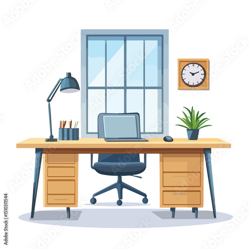 Professional Office Workspace with Desks, Cabinet, Board, Notice, and Clock