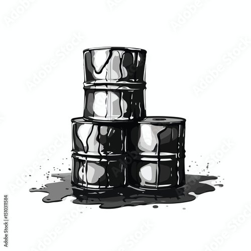 Professional Black and White Vector Illustration of Oil Barrels Isolated on White Background