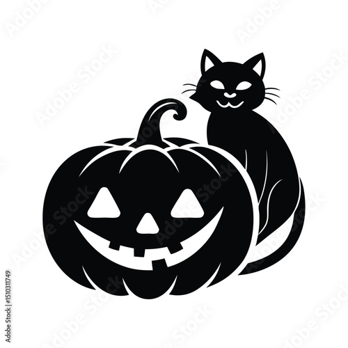 Collection of black cat and pumpkin silhouettes isolated on a white background 