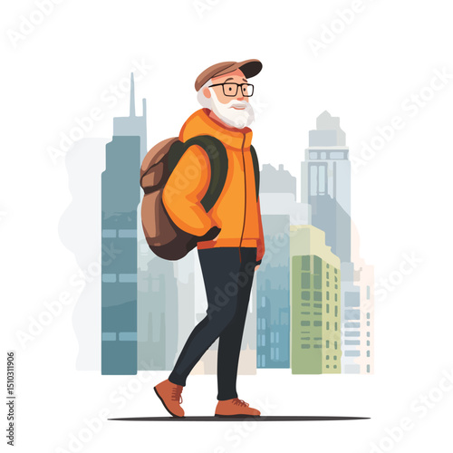 Elderly Man Cartoon in Urban Setting Vector Art Illustration for Design Projects