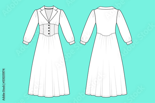 Ladies Black and White long sleeve Denim Dress fashion flat sketch template outline CAD mockup front and back views.