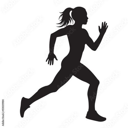 High-Energy Black and White Female Running Silhouette for Fitness Campaigns, Sportswear Marketing, or Gym Websites