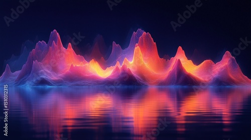 Abstract landscape with vibrant glowing mountains reflected in water creating a serene atmosphere