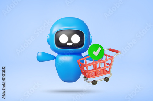 3D Vector Illustration Render of AI Robot or Assistant Bot with Shopping Cart and Check Mark Icon. Automatic Product Recommendation and Order Confirmation System Concept. Online Shopping.