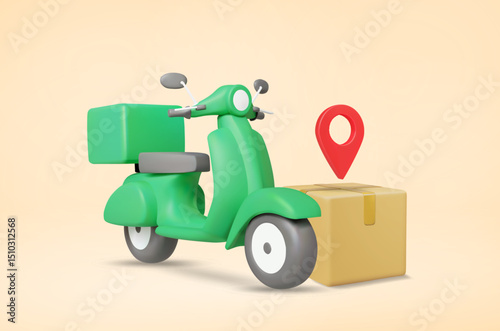 3D illustration vector render of delivery scooter parked next to a parcel box with a location pin on top of the box. Concept of delivery destination, parcel tracking, delivery location identification.