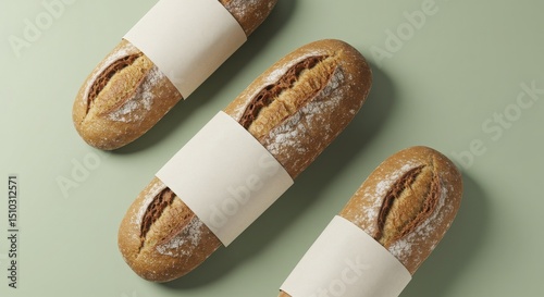 Three Baguettes in White Paper Wraps on a Sage Green Background