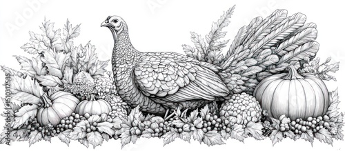 Wallpaper Mural Thanksgiving Hen Illustration: A Detailed Pen & Ink Drawing of a Turkey Surrounded by Autumn Harvest Torontodigital.ca