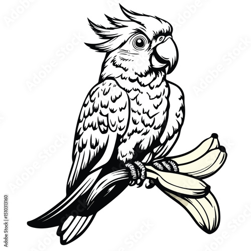 Colorful Wild Cockatoo Parrot with Banana Icon Cartoon Design for Projects