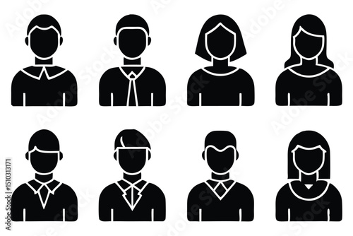 Eight stylized human avatars for representation of people icons in various professional settings