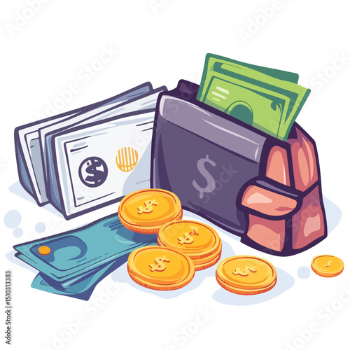 Professional Vector Illustration of Various Payment Methods, Money, Shopping, Bills, and Coins