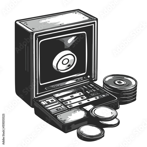 Professional PC Screen with Disks Storage in Black and White Environment for Graphic Design Projects