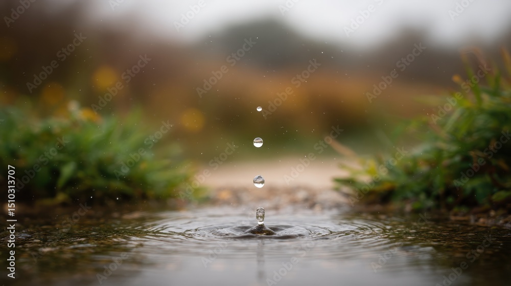 Fototapeta premium A serene close-up of raindrops falling into a puddle, surrounded by lush greenery. The calmness of nature enhances the tranquil atmosphere, capturing the beauty of the environment.