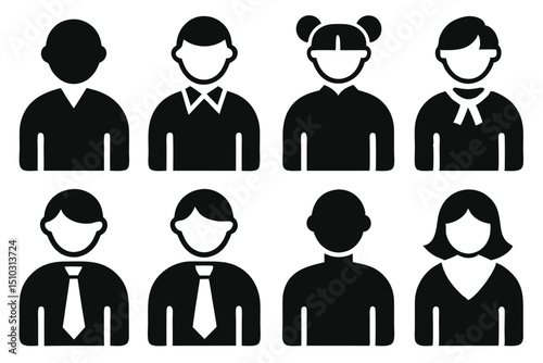 Black and white abstract icons of people representing diverse individuals and professions.