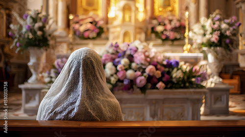 A Catholic woman wearing a white mantilla is seen from behind praying in front of a bright, beautiful and pretty church altar decorated with flowers. AI generated images.