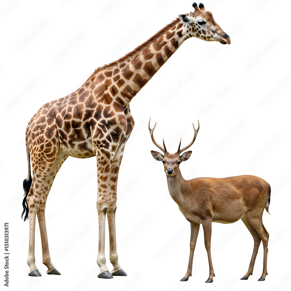 Naklejka premium A deer and a giraffe set against a white background