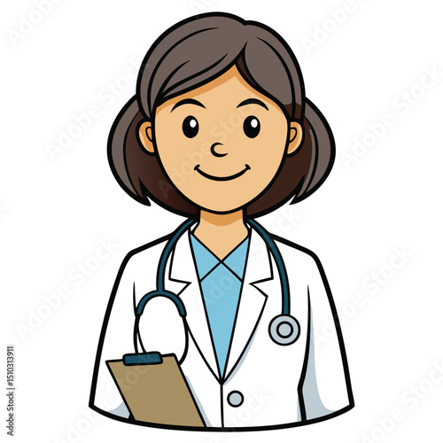 Compassionate female doctor holding a clipboard, stethoscope around neck, ready to care for patients.