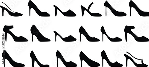 Vector Artwork of High Heel Shoe Silhouettes in Grid Arrangement, Fashion Design Elements Focused on Form, Symmetry, and Clean Graphic Lines

