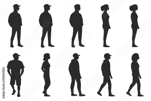 Collection of silhouetted people demonstrating various activities and poses in modern everyday outfits