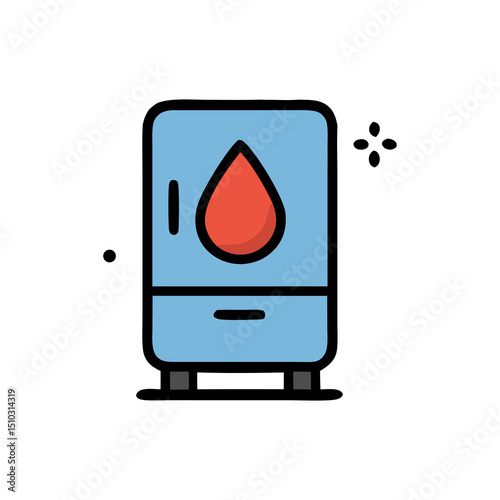 Blood bank icon featuring a blue refrigerator with a red blood drop, suitable for medical websites, apps, and healthcare materials.