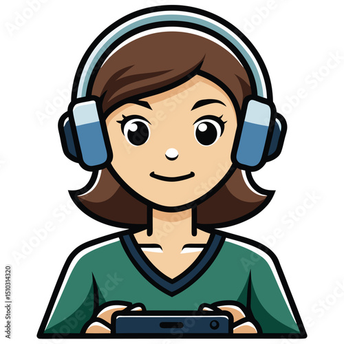 Focused female gamer with headphones and a console, immersed in an exciting video game.