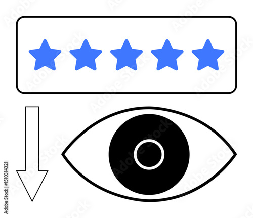 Blue five-star rating bar, black eye icon, and downward arrow highlighting evaluation and review focus. Ideal for feedback, quality, transparency, metrics, rating, vision simple landing page
