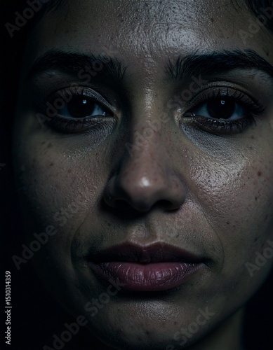 Close-up portrait of a woman's face. Realistic skin texture, natural lighting, sharpness, detailed eyes, natural skin imperfections.