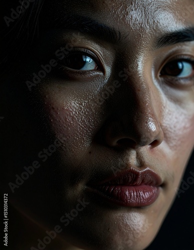 Close-up portrait of a woman's face. Realistic skin texture, natural lighting, sharpness, detailed eyes, natural skin imperfections.