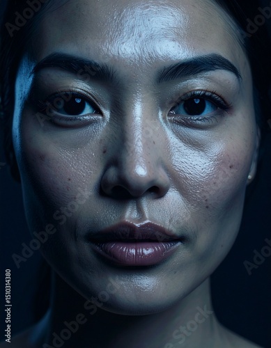 Close-up portrait of a woman's face. Realistic skin texture, natural lighting, sharpness, detailed eyes, natural skin imperfections.