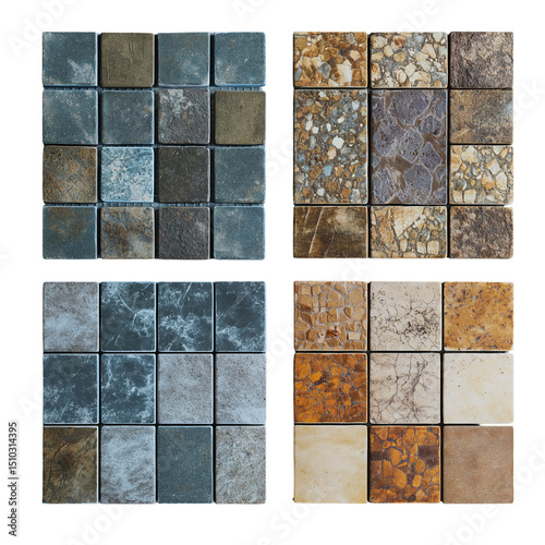 Mosaic Tile Samples in Gray-Blue, Golden Tan, and Deep Terracotta on Transparent Background