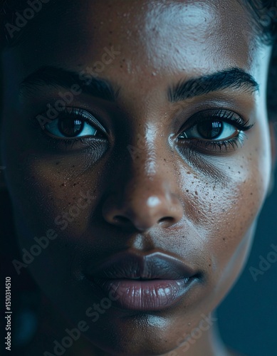 Close-up portrait of a woman's face. Realistic skin texture, natural lighting, sharpness, detailed eyes, natural skin imperfections.