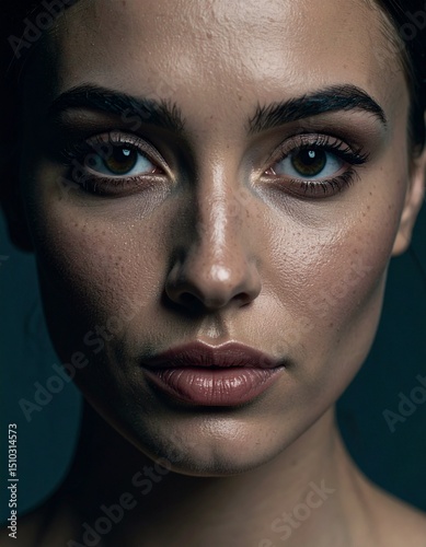 Close-up portrait of a woman's face. Realistic skin texture, natural lighting, sharpness, detailed eyes, natural skin imperfections.