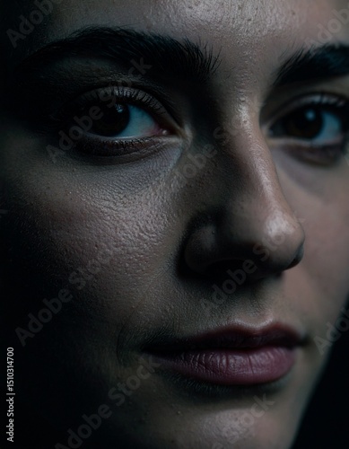 Close-up portrait of a woman's face. Realistic skin texture, natural lighting, sharpness, detailed eyes, natural skin imperfections.