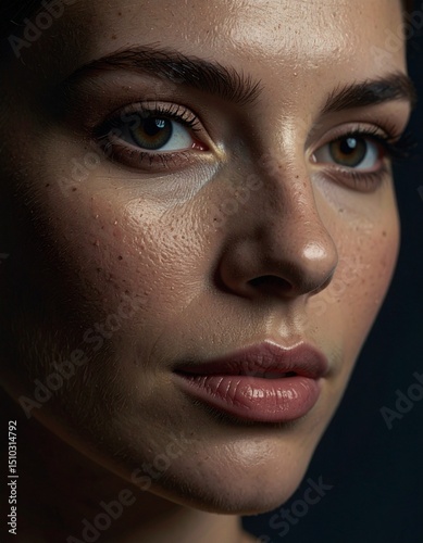 Close-up portrait of a woman's face. Realistic skin texture, natural lighting, sharpness, detailed eyes, natural skin imperfections.