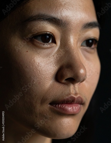 Close-up portrait of a woman's face. Realistic skin texture, natural lighting, sharpness, detailed eyes, natural skin imperfections.