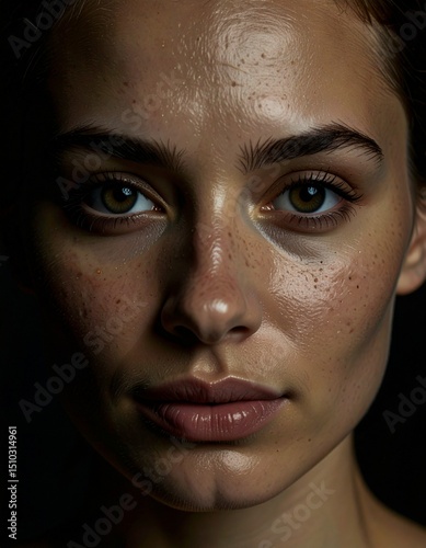 Close-up portrait of a woman's face. Realistic skin texture, natural lighting, sharpness, detailed eyes, natural skin imperfections.