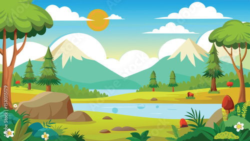Colorful Cartoon Landscape Scene Mountains, Lake, Trees, Flowers and Sunlight Illustration