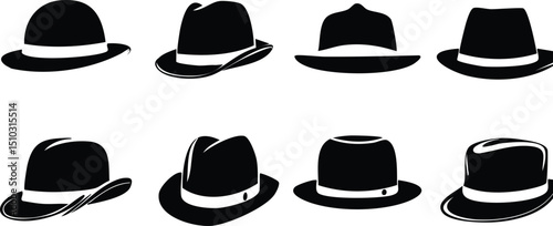 Vector illustration of eight black fedora hats with white bands arranged symmetrically on a plain white background in a minimalist vintage style