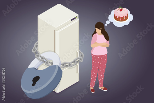 Woman near locked fridge. Sad girl dreams abou cake. Female character suffering from food addiction. Problem of gluttony and obesity. Eating disorders concept. 3d flat isometric vector illustration.