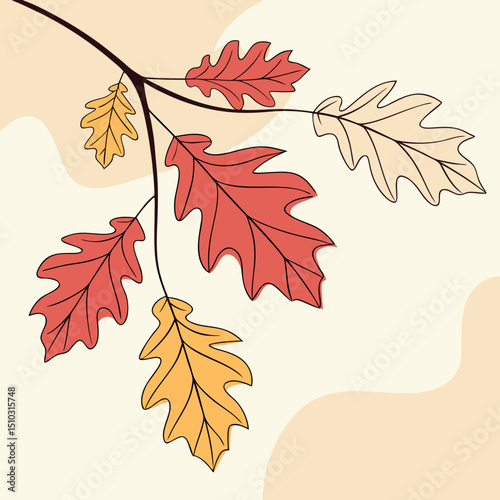 Vector art illustration of a branch with autumnal leaves in shades of red yellow and beige on a light background