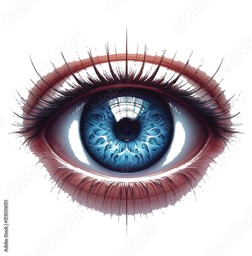 Vivid close-up of a human eye featuring intricate, swirling blue irises with amazing details. A creative depiction showcasing the blend of realistic and artistic design