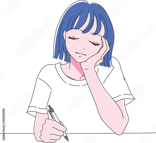 勉強や日記を書いているバストアップの女性の手描きイラスト